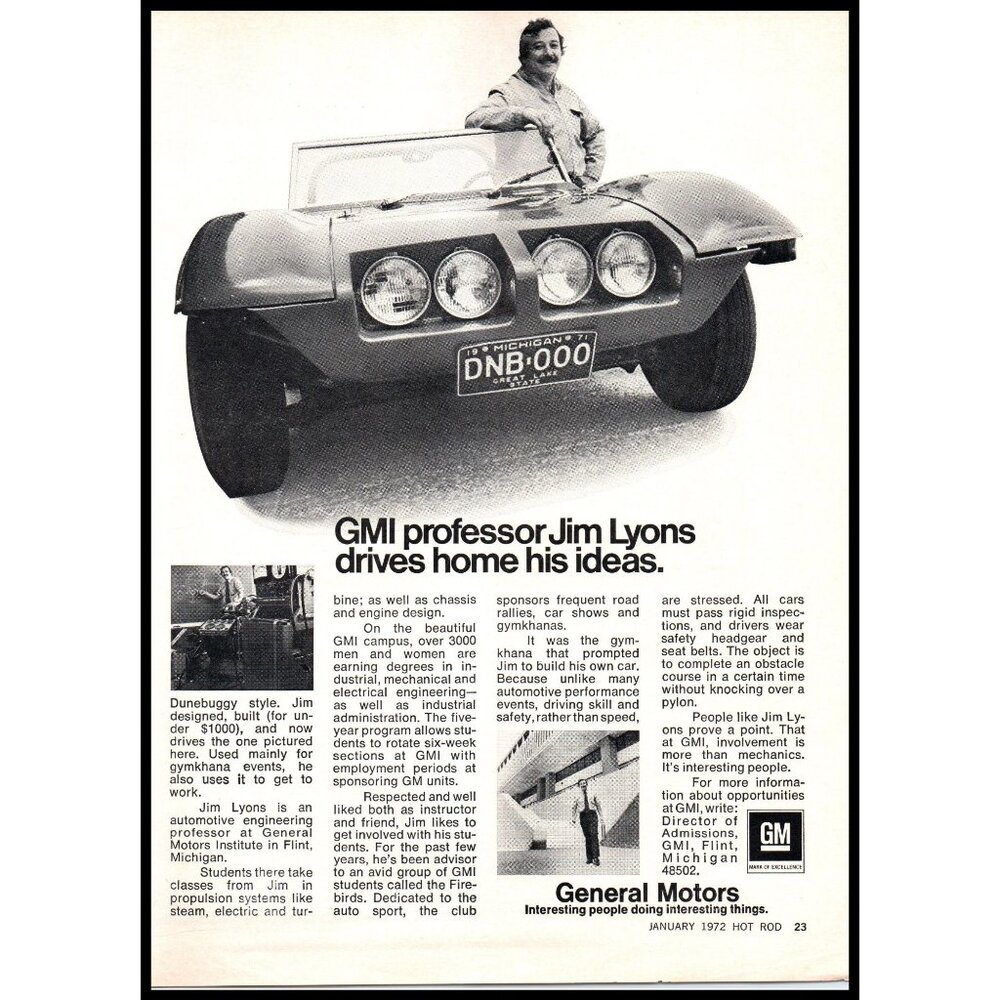 1972 GM General Motors Institute Jim Lyons Vintage Print Ad Dune Buggy Wall Art